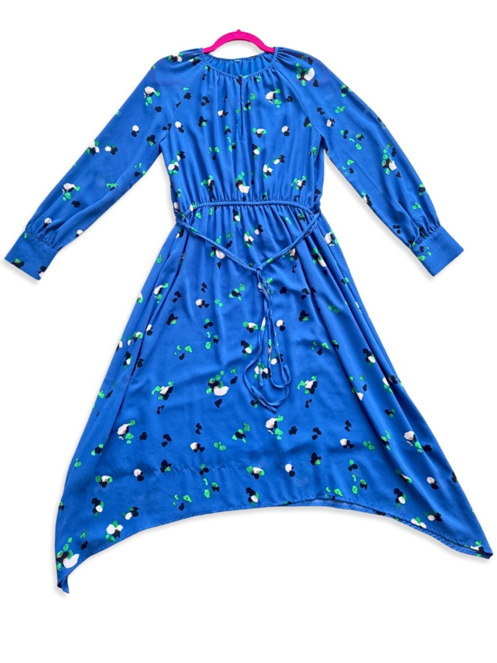 Blue Floral Long Sleeve Midi Dress Asymmetrical Hem, Size M